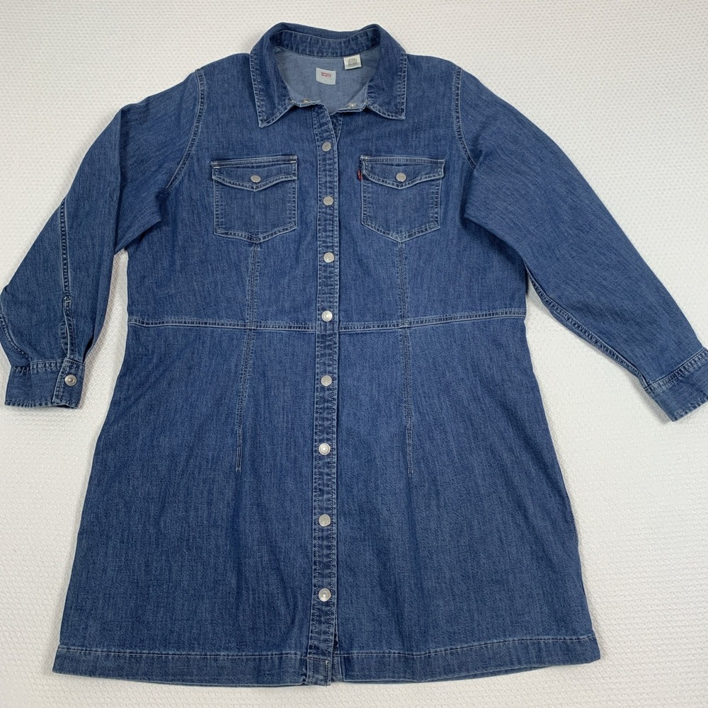 Levi's Ellie Button Down Denim Dress Plus Size 1X Mid Marble Blue Long Sleeve